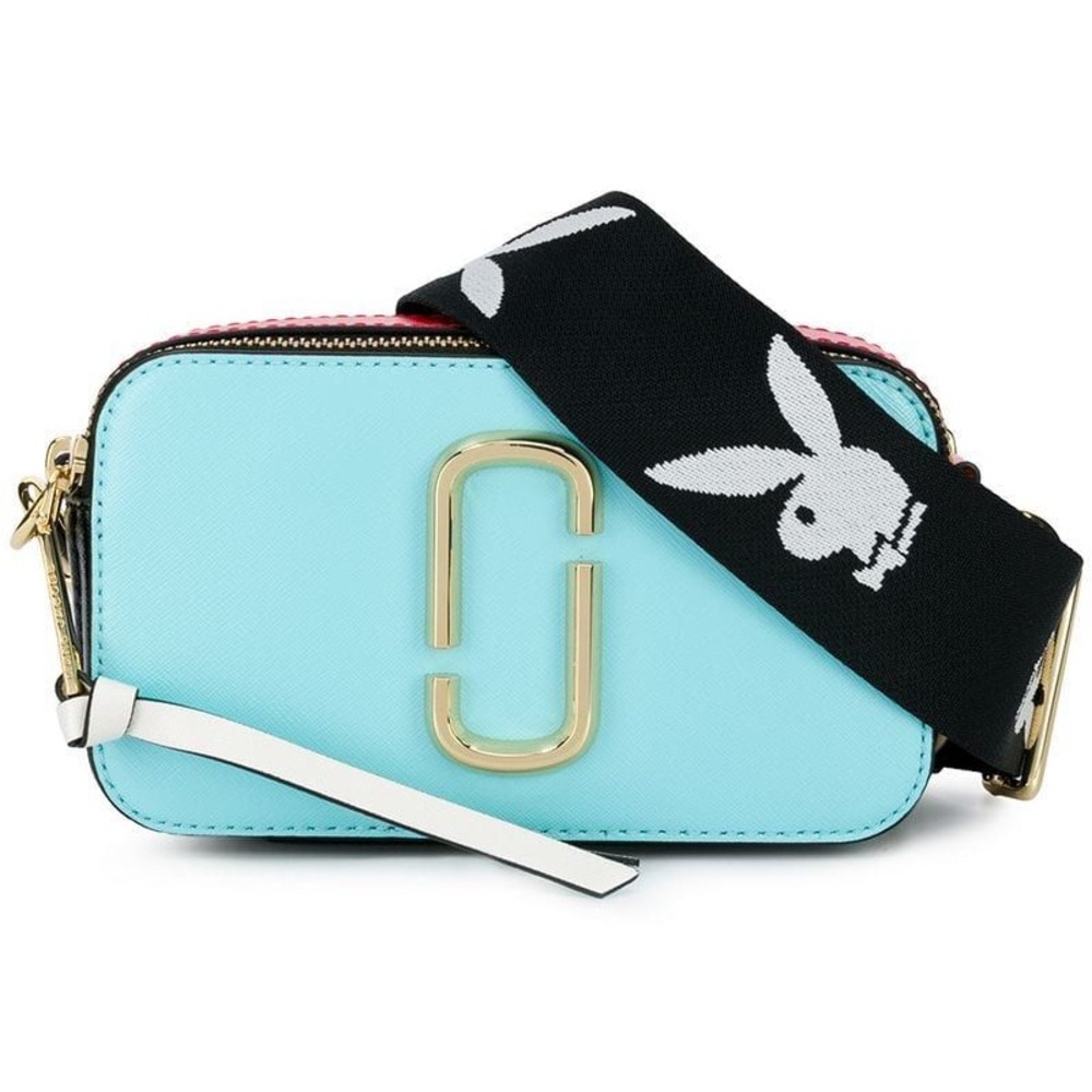 Marc Jacobs playboy, bunny, strap, blue, and red camera bag
